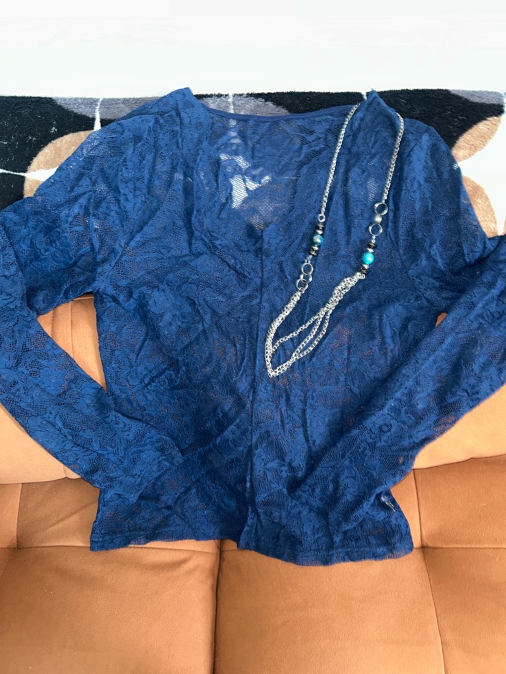 Women's Lace Long-Sleeve Vneck Top in Blue with Paparazzi necklace
